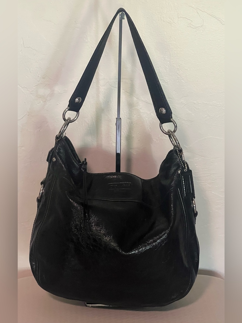 Coach Black Patton Leather Hobo Shoulder Bag w Silver Side Studs